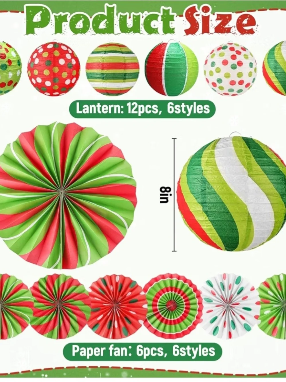Festive Red & Green Paper Lantern and Fan Party Decorations. 18 Pieces. NWT.